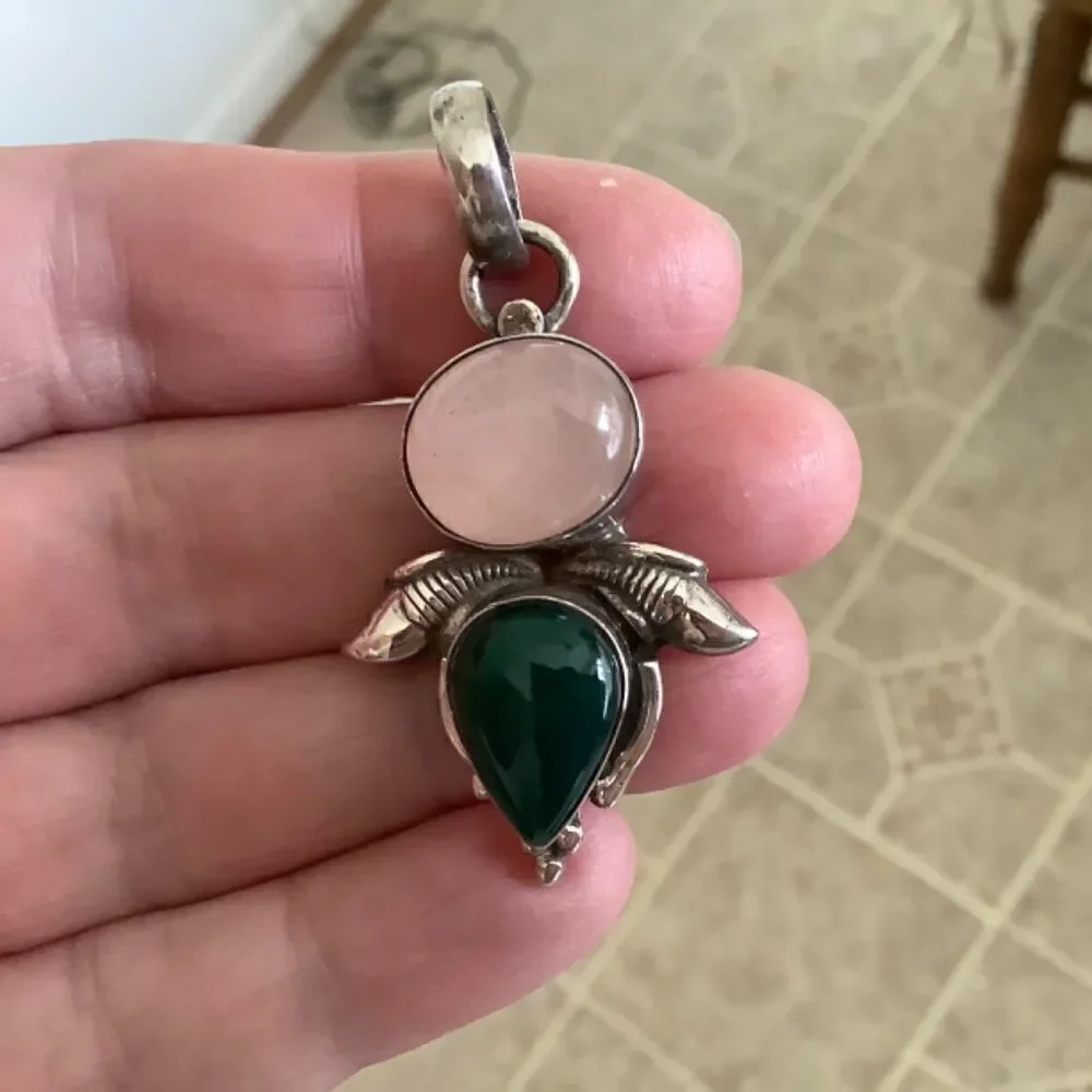 STERLING SILVER 925 PINK QUARTZ/GREEN ONYX LARGE PENDANT​
